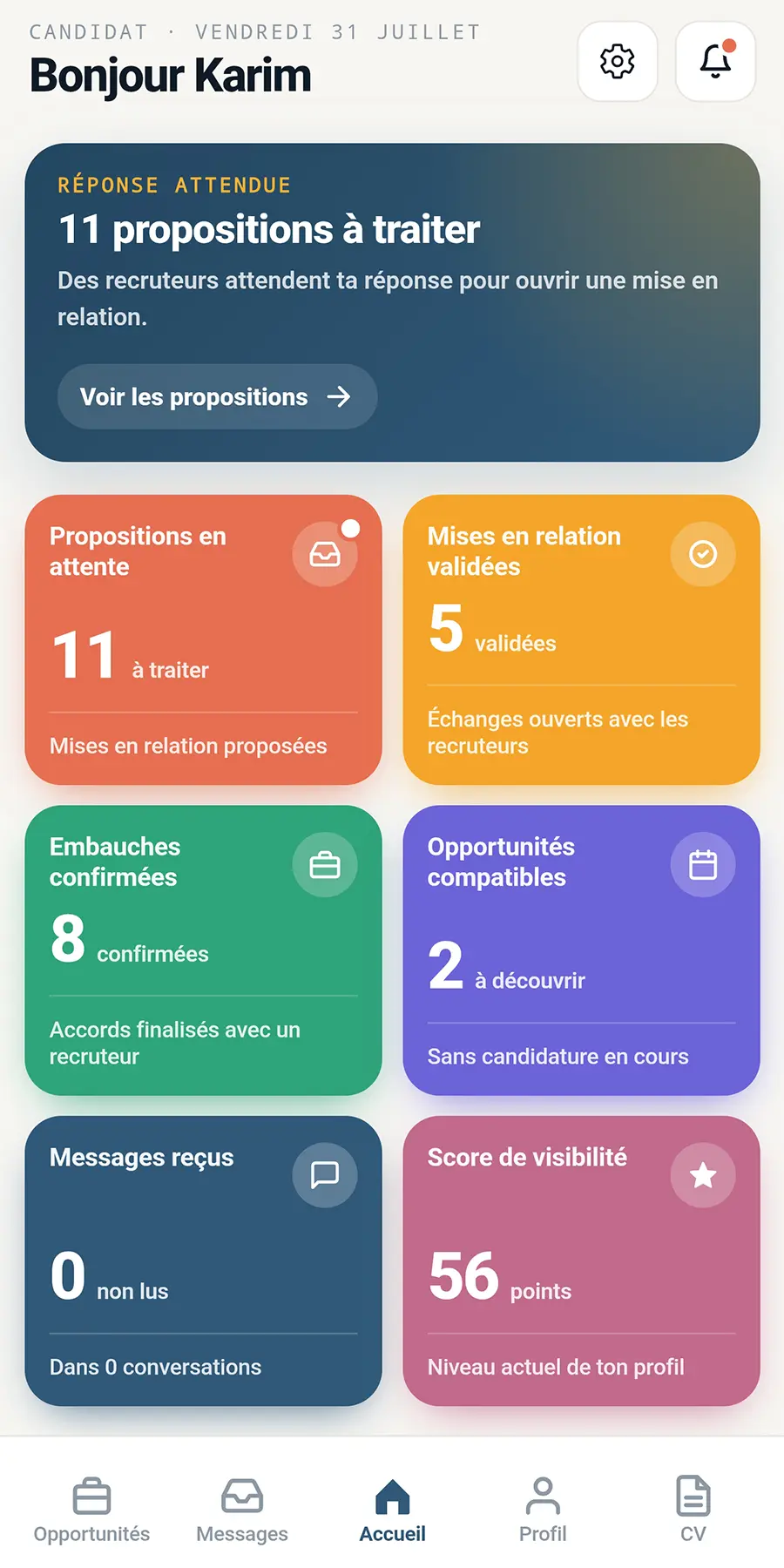 Tableau de bord candidat de l'application Tempo Jobs : propositions à traiter, mises en relation validées et embauches confirmées