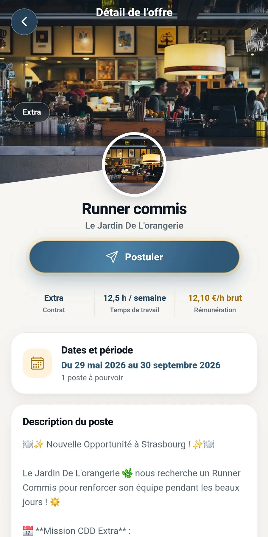 Détail d'une offre de runner commis à Strasbourg : contrat extra, temps de travail et rémunération horaire
