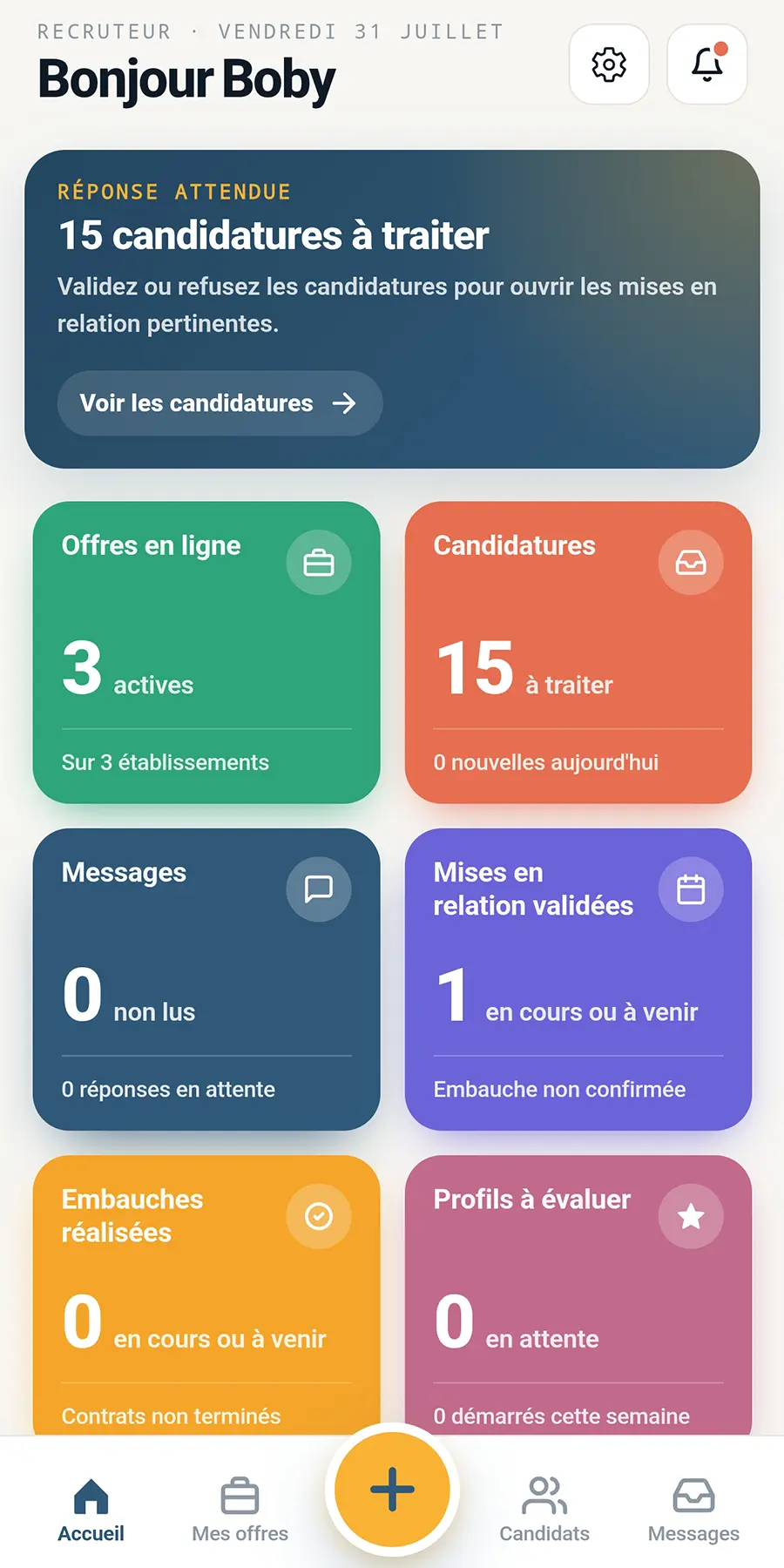 Tableau de bord recruteur de Tempo Jobs : offres en ligne, candidatures à traiter et mises en relation validées