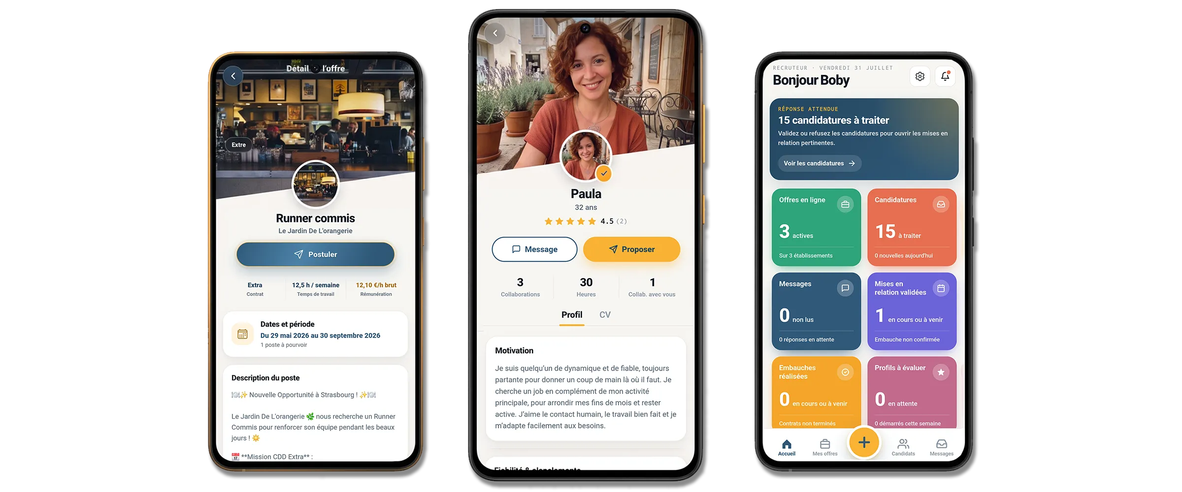 Trois écrans de l'application Tempo Jobs : le détail d'une offre de runner commis, un profil de candidate vérifiée et le tableau de bord d'un recruteur