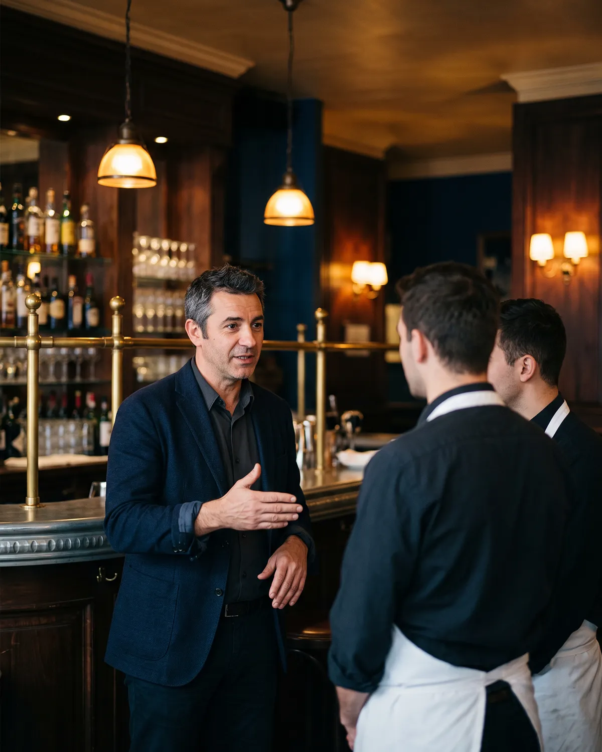 Restaurateur briefant son équipe au comptoir d'une brasserie avant le service