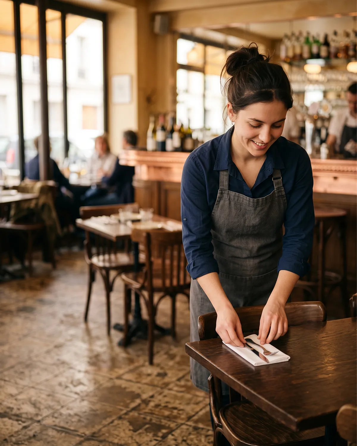 Serveuse en tablier dressant une table dans une brasserie, avant le service
